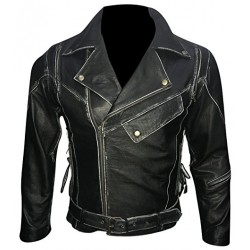 Asymmetrical Zipper Brando Biker Distressed Black Leather Jacket